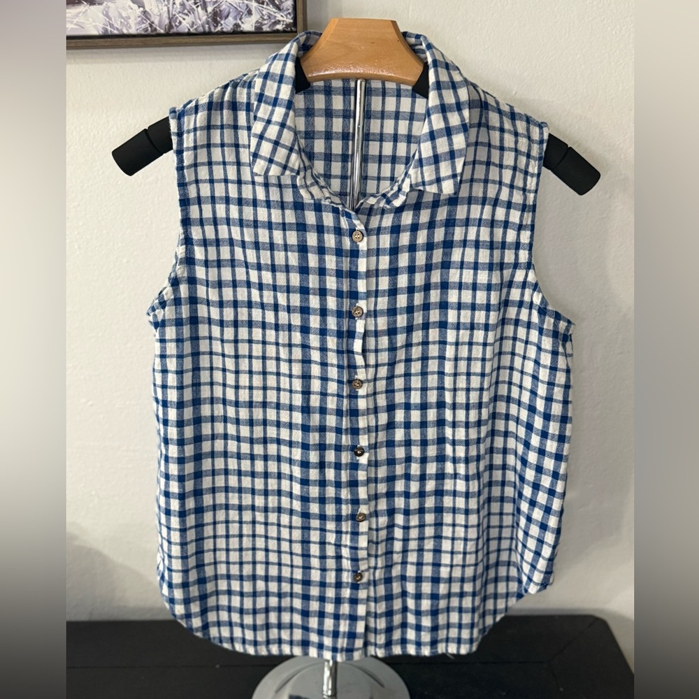 Mango Casual Blue White Gingham Sleeveless Button Down Top Size M